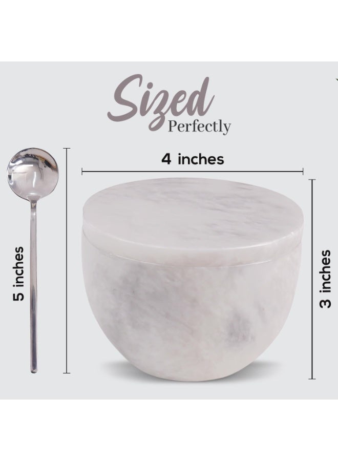 MK White Marble Salt Cellar with Lid & Spoon | 4.7 oz Handmade Spice & Sugar Container for Countertop - Image 3
