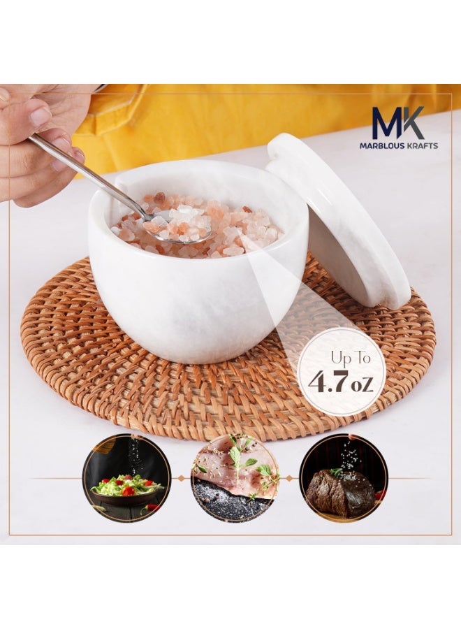 MK White Marble Salt Cellar with Lid & Spoon | 4.7 oz Handmade Spice & Sugar Container for Countertop - Image 4