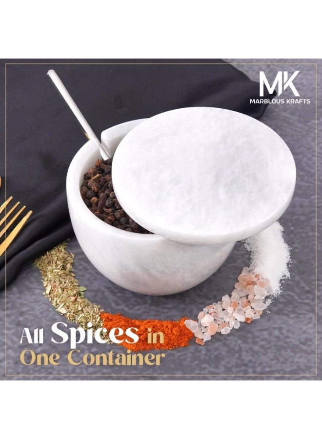 MK White Marble Salt Cellar with Lid & Spoon | 4.7 oz Handmade Spice & Sugar Container for Countertop - Image 5