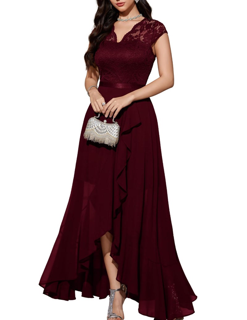 Bbonlinedress Burgundy Formal Wedding Guest Bridesmaid Dress V-Neck Floral Lace Mother of The Bride Cocktail Prom Dress Burgundy L - Image 1