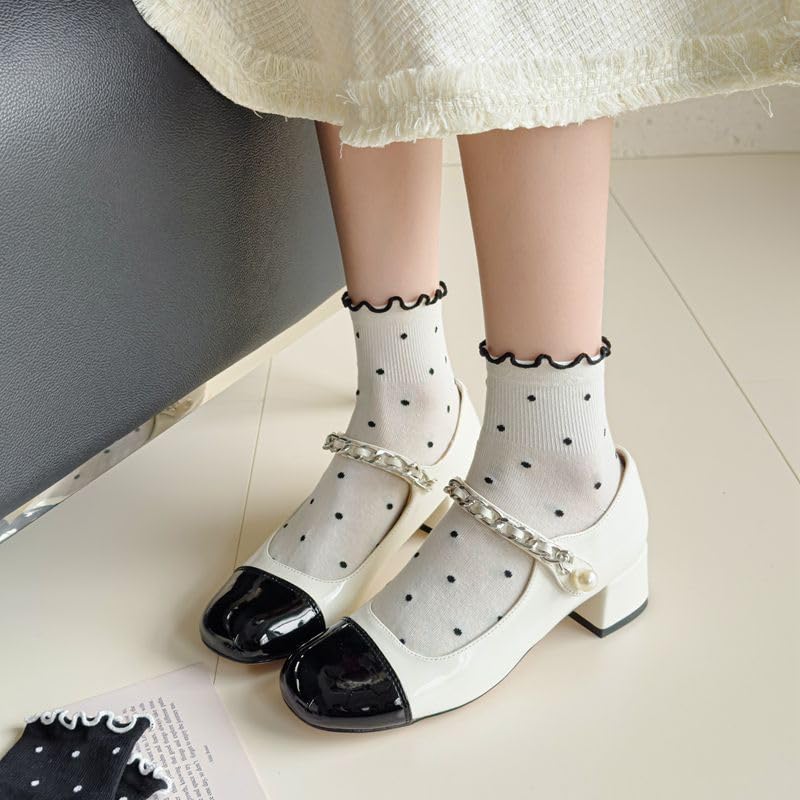 MarJunSep Cute Striped Ruffle Ankle Frilly Lettuce Edge Dots Heart Ribbed Thin Socks for Women Teen Girls (US, Alpha, One Size, Regular, Regular, 6 Pairs White Black Socks Heart Dots Striped) - Image 3