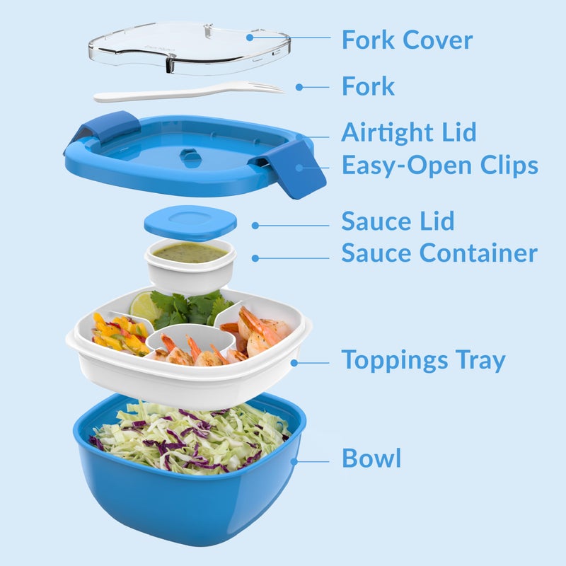 بنتجو Bentgo All-in-One Salad Container-حاوية صلصة Bento Bowl Box الكبيرة ذات الصناديق المقاومة للتسرب من حاوية محكمة الإغلاق لوجبات الغداء الصحية للبالغين ؛ BPA Free وغسالة الصحون/ميكروويف آمنة (أزرق) - Image 5