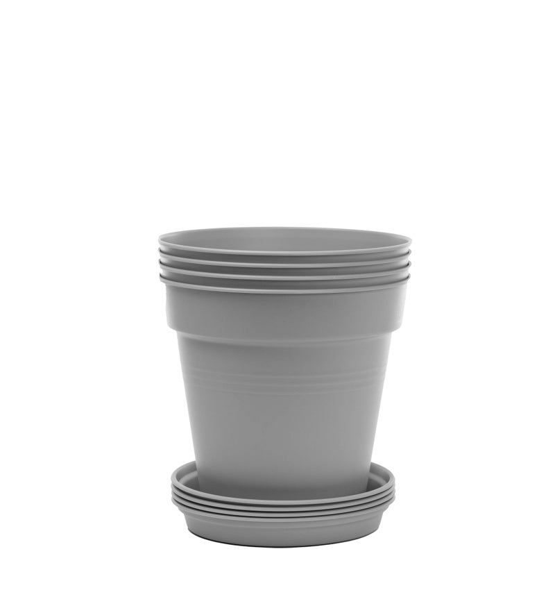 Mintra Round Flower Pot Planters Medium - Pack of 4 with bottom tray - Plastic | Color - Grey | Size - 17x17x14cm | Asthetically Decorate Your Terrace, Garden or Patio. Ideal for outdoor or indoors - Image 1