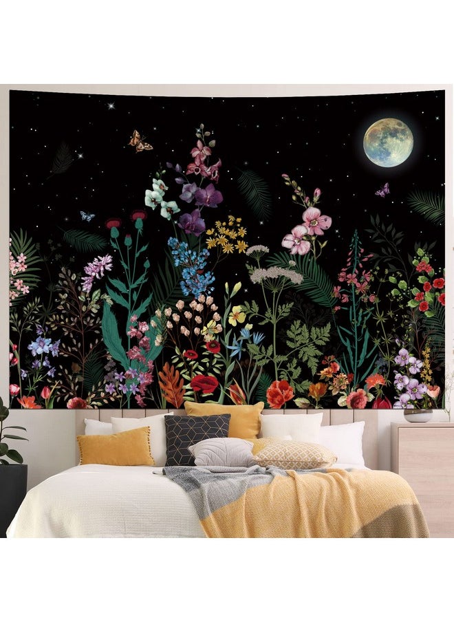 Generleo Floral Plants Tapestry Galaxy Moon Stars Tapestry Vintage Boho Flower Butterfly Tapestry Black Starry Sky Nature Tapestry Wall Hanging For Bedroom  - Image 1