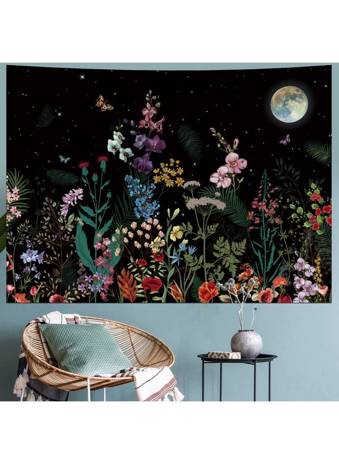 Generleo Floral Plants Tapestry Galaxy Moon Stars Tapestry Vintage Boho Flower Butterfly Tapestry Black Starry Sky Nature Tapestry Wall Hanging For Bedroom  - Image 2