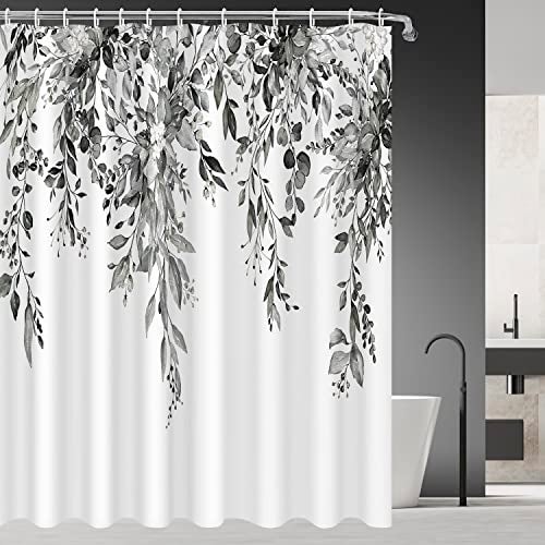 Nuseiis Black and White Eucalyptus Leaves Shower Curtains 72x72 Inch Waterproof Fabric Plant Stylish Botanical Bathroom Shower Curtain with Hooks