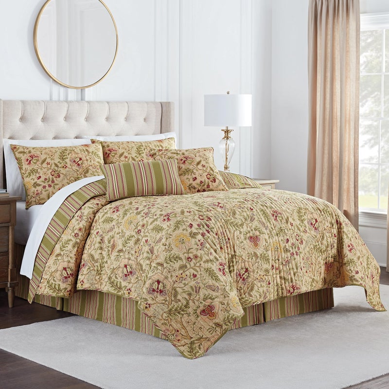 Waverly Imperial Dress Jacobean Floral Soft All Season Reversible 3-Piece Quilt Bedspread Set, Twin, Antique - Image 1