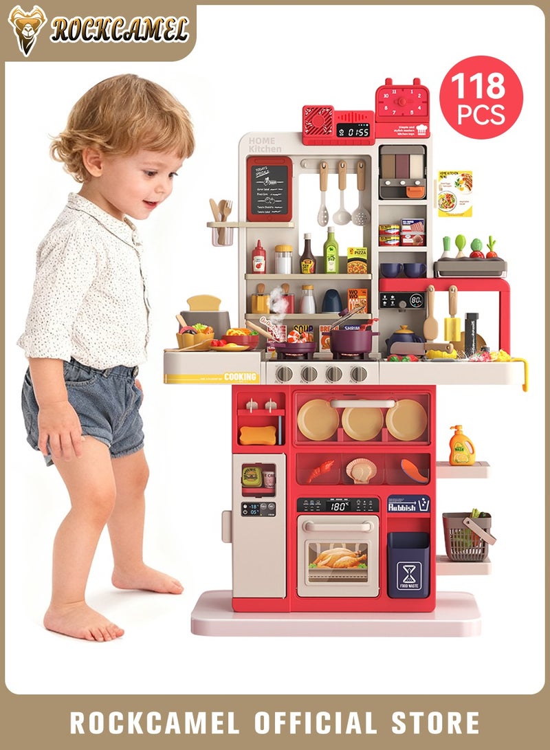 ROCKCAMEL مجموعة ألعاب مطبخ مكونة من 118 قطعة، ألعاب مطبخ بارتفاع 106 سم مع عادم دخان كهربائي، رذاذ واقعي، ملحقات طعام متغيرة الألوان في المطبخ، لعبة طبخ تفاعلية للأولاد والبنات - Image 1