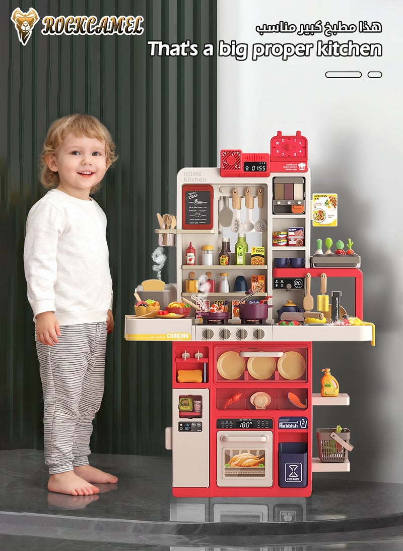 ROCKCAMEL مجموعة ألعاب مطبخ مكونة من 118 قطعة، ألعاب مطبخ بارتفاع 106 سم مع عادم دخان كهربائي، رذاذ واقعي، ملحقات طعام متغيرة الألوان في المطبخ، لعبة طبخ تفاعلية للأولاد والبنات - Image 2
