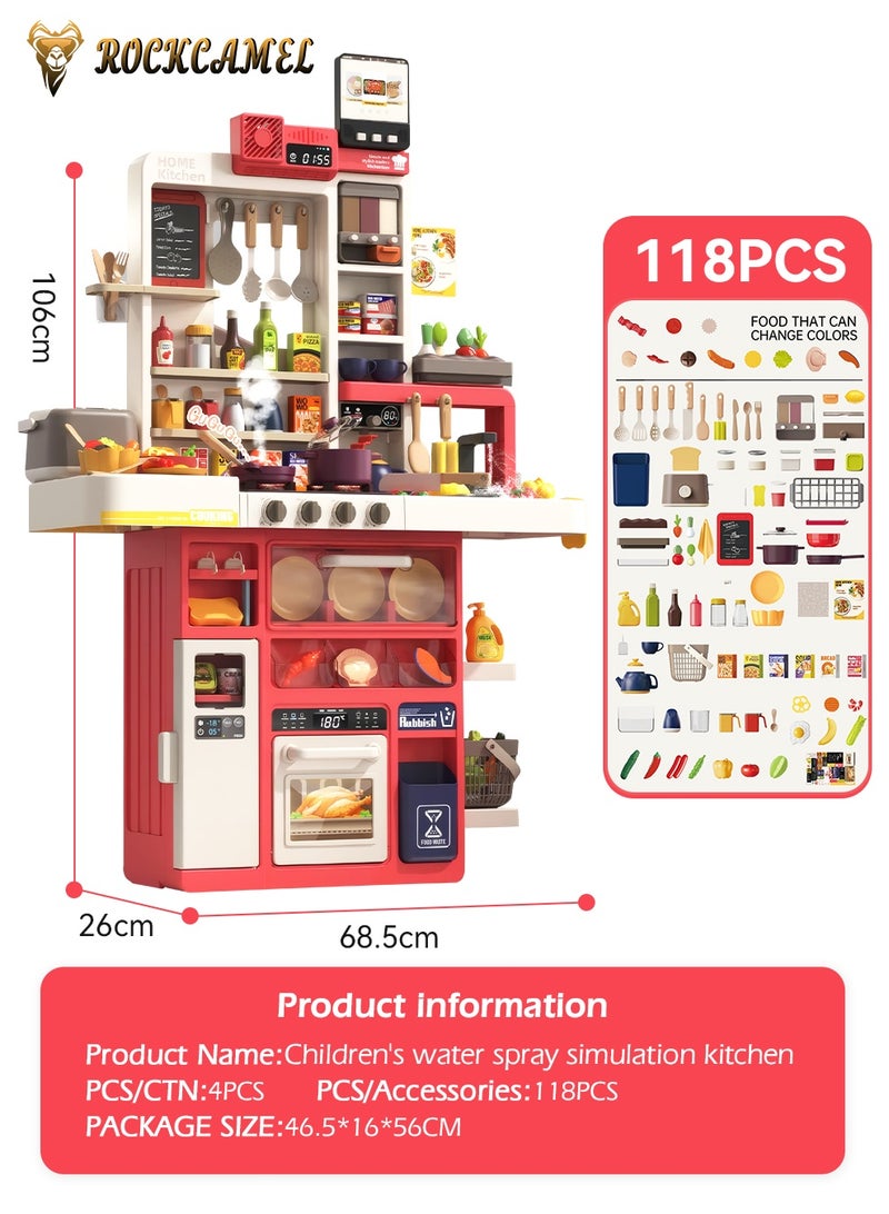 ROCKCAMEL مجموعة ألعاب مطبخ مكونة من 118 قطعة، ألعاب مطبخ بارتفاع 106 سم مع عادم دخان كهربائي، رذاذ واقعي، ملحقات طعام متغيرة الألوان في المطبخ، لعبة طبخ تفاعلية للأولاد والبنات - Image 3