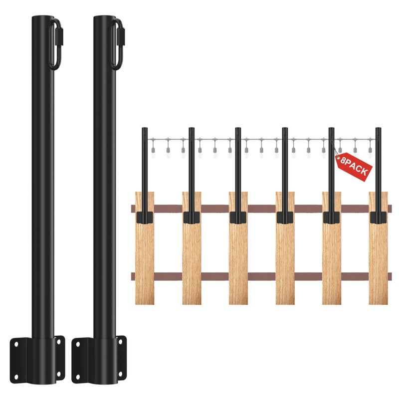 Suchtale 8 Pack 1.3 FT String Light Poles, Suspension Outdoor Fence Post Lights with Clip and Bracket, Outside String Lights Hanging, Wall Mounting Stand for Patio Garden Backyard Wedding Party, Black - Image 1