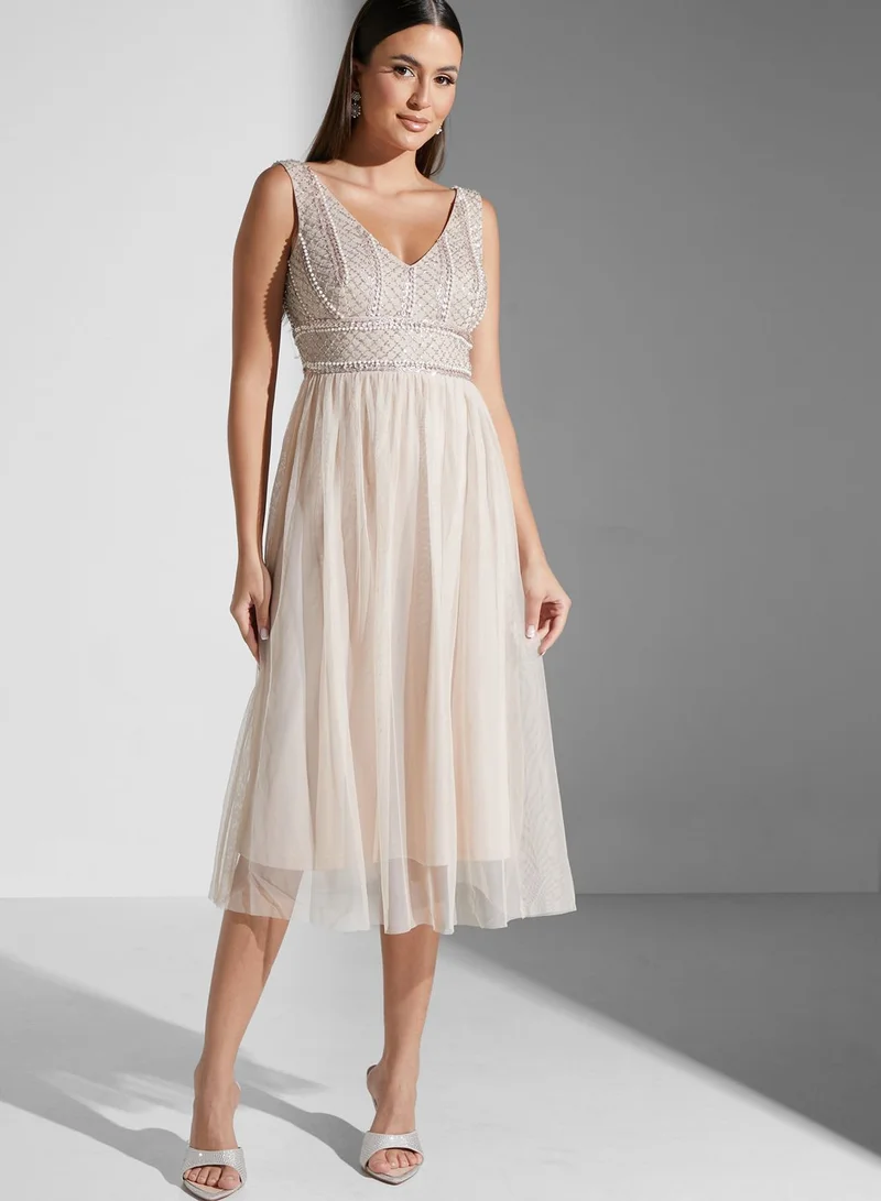 Lace and Beads Embellished Plunge Dress