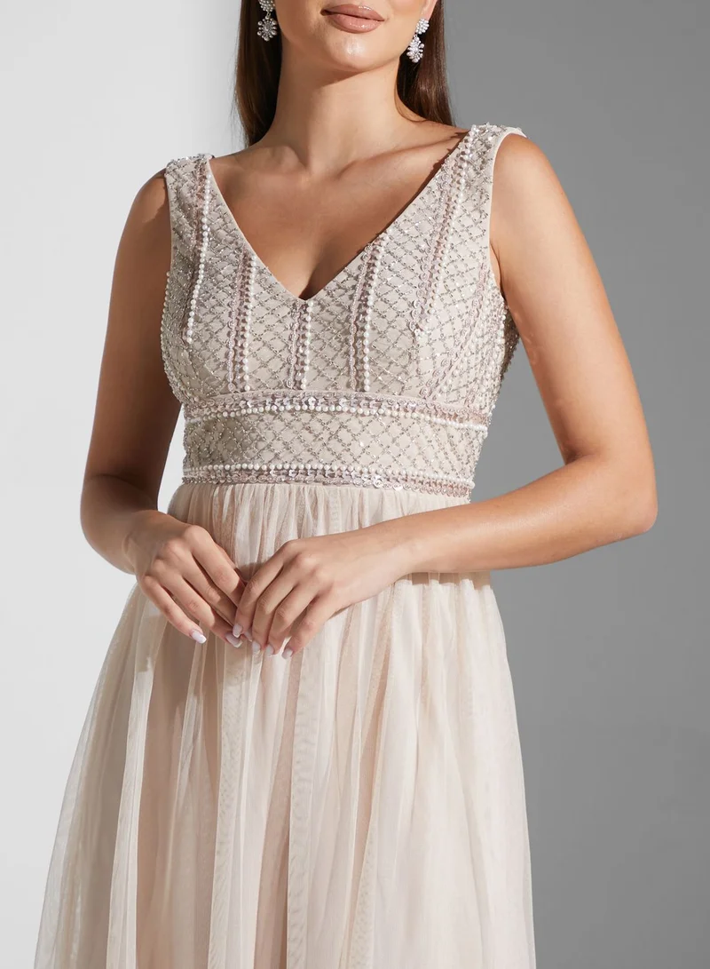 Lace and Beads Embellished Plunge Dress