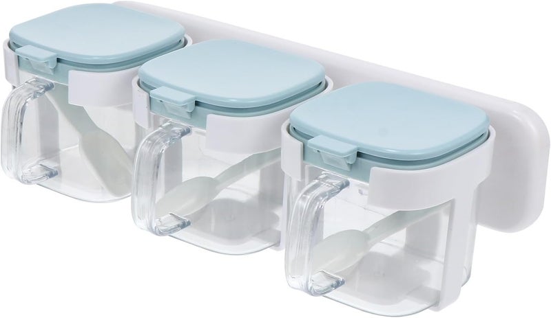 3pcs Colored Wall-mounted Seasoning Container Set with Lids, Spoons, and Plastic Hanging Rack for Kitchen Spice Storage and Condiment Organization - Image 1