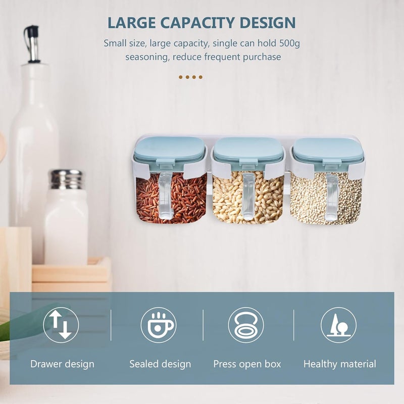 3pcs Colored Wall-mounted Seasoning Container Set with Lids, Spoons, and Plastic Hanging Rack for Kitchen Spice Storage and Condiment Organization - Image 4