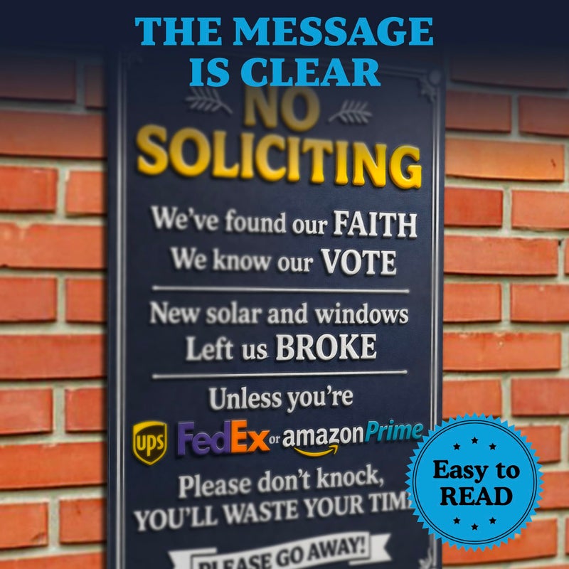 Hambli No Soliciting Sign for House - 8 x 12 Inch A4 Embossed Aluminium Metal No Soliciting Sign for Home, Funny â€˜Weâ€™ve Found our Faithâ€™ Front Door Decor - Humorous Decorative Porch Warning for Unwanted Visitors - Image 3