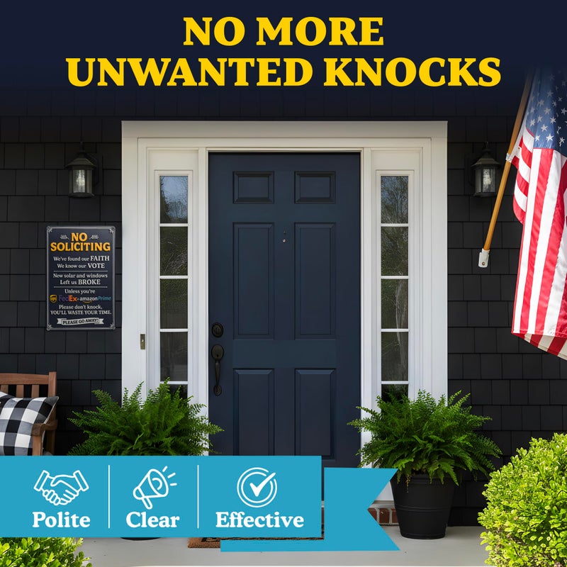 Hambli No Soliciting Sign for House - 8 x 12 Inch A4 Embossed Aluminium Metal No Soliciting Sign for Home, Funny â€˜Weâ€™ve Found our Faithâ€™ Front Door Decor - Humorous Decorative Porch Warning for Unwanted Visitors - Image 2