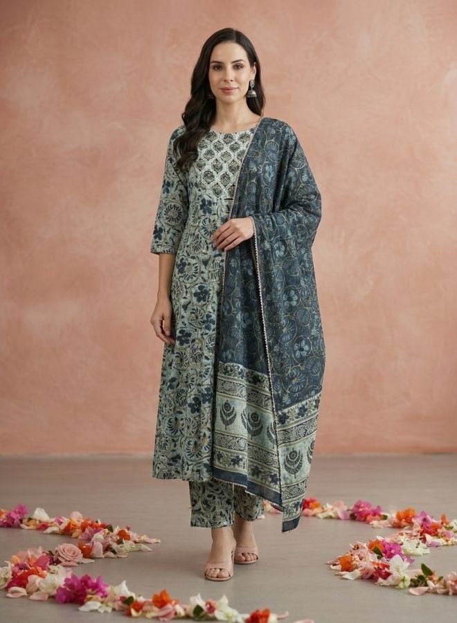 Yuris Women Blue Floral Printed Pure Cotton Kurta with Trousers  Dupatta - Image 1