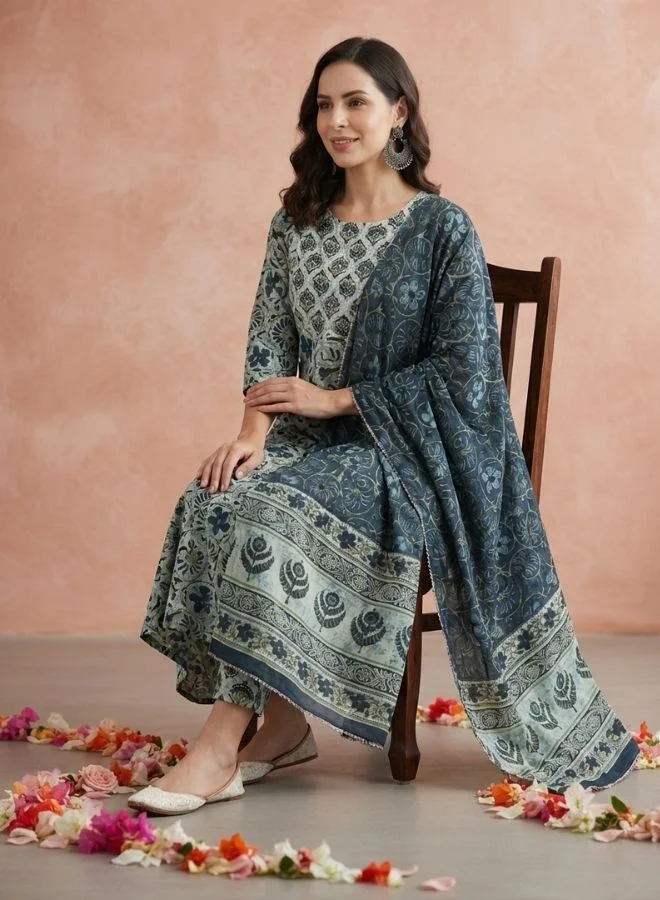 Yuris  Yuris Women Blue Floral Printed Pure Cotton Kurta with Trousers  Dupatta for Women | Best Price UAE
