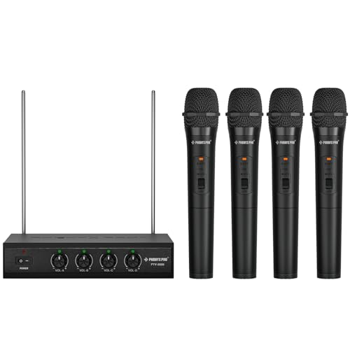Phenyx Pro نظام ميكروفون لاسلكي Phenyx Pro، 4 قنوات VHF ميكروفونات لاسلكية، مع 4 ميكروفونات ديناميكية محمولة، جهاز استقبال معدني، مدى طويل، ميكروفون للغناء، الكاريوكي، الكنيسة (PTV-2000-4H) - Image 1
