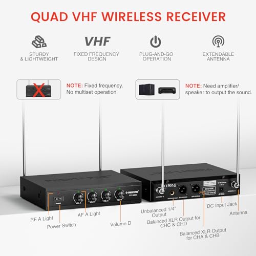 Phenyx Pro نظام ميكروفون لاسلكي Phenyx Pro، 4 قنوات VHF ميكروفونات لاسلكية، مع 4 ميكروفونات ديناميكية محمولة، جهاز استقبال معدني، مدى طويل، ميكروفون للغناء، الكاريوكي، الكنيسة (PTV-2000-4H) - Image 3