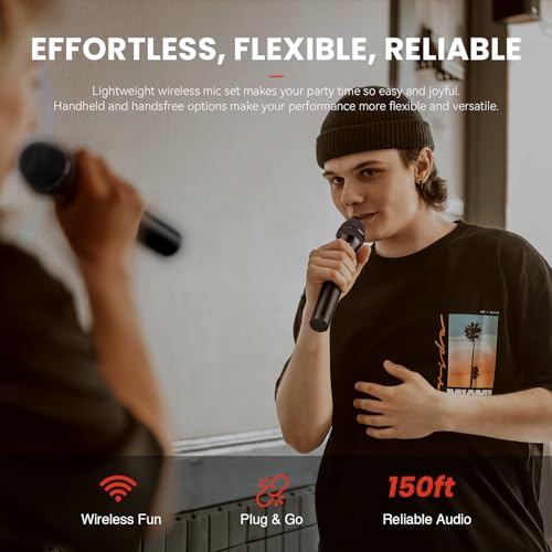 Phenyx Pro نظام ميكروفون لاسلكي Phenyx Pro، 4 قنوات VHF ميكروفونات لاسلكية، مع 4 ميكروفونات ديناميكية محمولة، جهاز استقبال معدني، مدى طويل، ميكروفون للغناء، الكاريوكي، الكنيسة (PTV-2000-4H) - Image 2