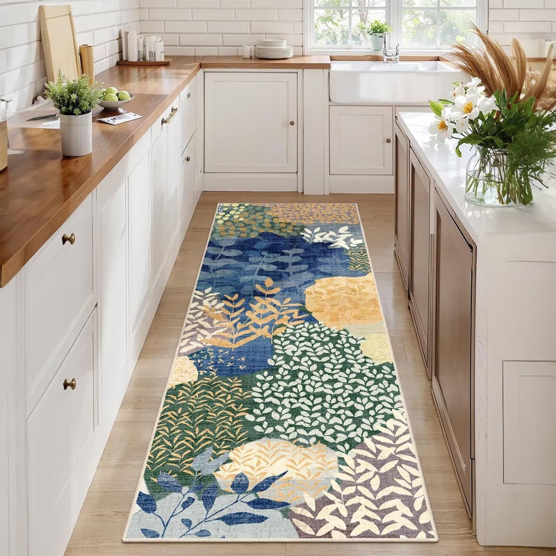 DEXDE Runner Rug 2x6 Washable Hallway Boho Soft Area Rugs Abstract Long Non Slip Botanical Leaves Floral Print Carpet for Entryway, Kitchen, Laundry, Bathroom, Bedroom,Blue - Image 1
