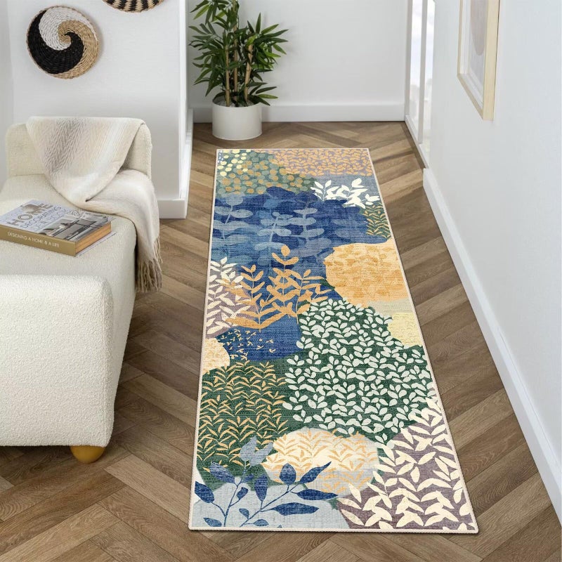 DEXDE Runner Rug 2x6 Washable Hallway Boho Soft Area Rugs Abstract Long Non Slip Botanical Leaves Floral Print Carpet for Entryway, Kitchen, Laundry, Bathroom, Bedroom,Blue - Image 4