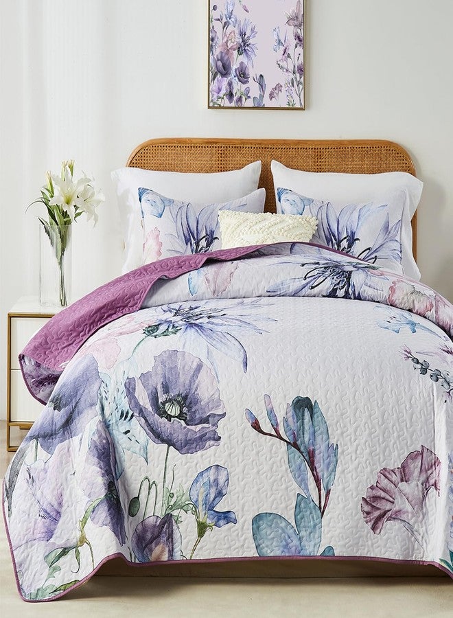 Yogeneg Full Queen Size Quilt Set,Elegant Floral Botanical Pattern Purple Bedding Set,3 Piece Lightweight Soft Summer Bedspread Coverlet with 2 PIillow Sham for All Season(Purple Floral,90"x96") - Image 1
