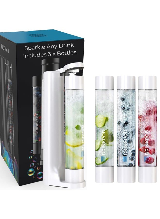 DRINKPOD FIZZpod Soda Maker - Fizzy Drink Machine with 3 PET Bottles, 3 Caps, 1 Carbonator Cap and Manual - Make Homemade Sparkle Water, Juice, Coffee, Tea and Cocktail Drinks with Fruit (White) (White) - Image 4
