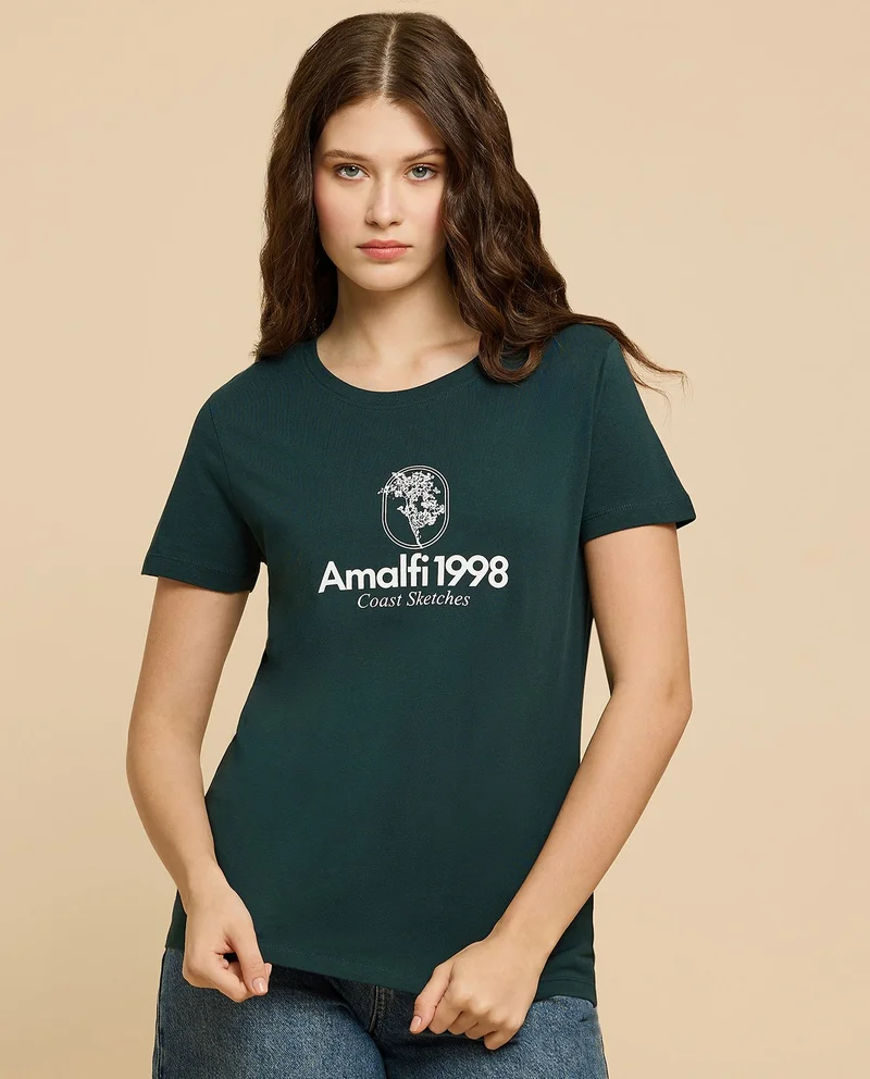 أر أند بي Printed T-Shirt with Crew Neck and Short Sleeves