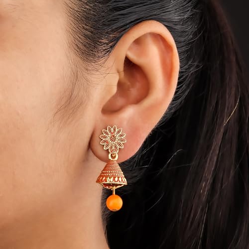 DEW MAT Small Traditional Indian Jhumka Earrings For Woman & Girls, Jhumki Stylish Combo with Flower Stud and Colorful Bead Drop(Pack Of 12). - Image 3