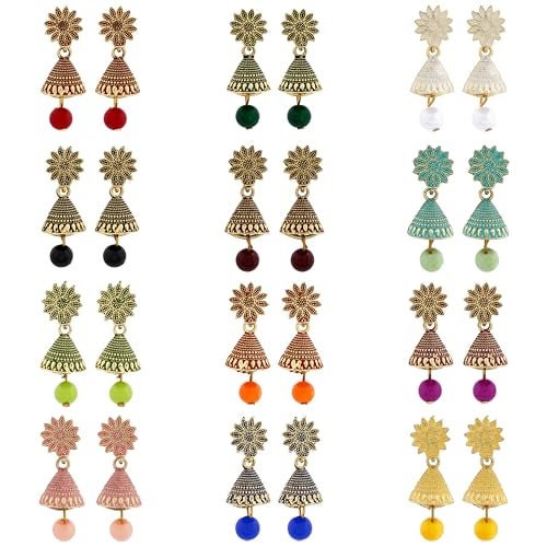 DEW MAT Small Traditional Indian Jhumka Earrings For Woman & Girls, Jhumki Stylish Combo with Flower Stud and Colorful Bead Drop(Pack Of 12). - Image 1