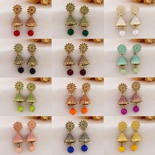 DEW MAT Small Traditional Indian Jhumka Earrings For Woman & Girls, Jhumki Stylish Combo with Flower Stud and Colorful Bead Drop(Pack Of 12). - Image 4