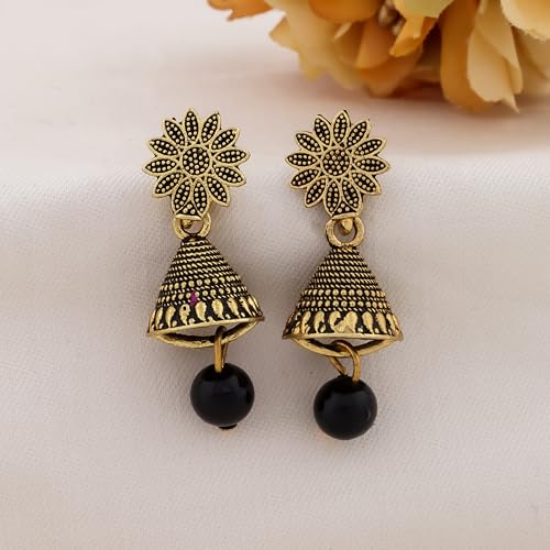 DEW MAT Small Traditional Indian Jhumka Earrings For Woman & Girls, Jhumki Stylish Combo with Flower Stud and Colorful Bead Drop(Pack Of 12). - Image 5