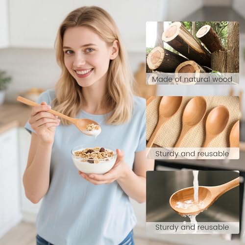 HAKSEN ملاعق خشبية HAKSEN، 6 قطع، 9 بوصة ملاعق حساء خشبية للأكل والخلط والتحريك، ملعقة ذات مقبض طويل لطهي الطعام على الطريقة اليابانية في المنزل - Image 3