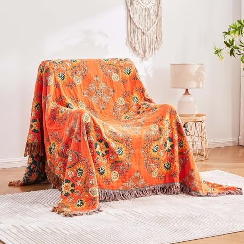 XIBLC Boho Throw Blanket 100 Cotton Ultra Soft Luxury Throw Rustic Quilt 90x98 Floral Printed Farmhouse Decor Bed Summer Blankets All Season Rustic Reversible Bohemian Throw for Bed Orange - Image 3