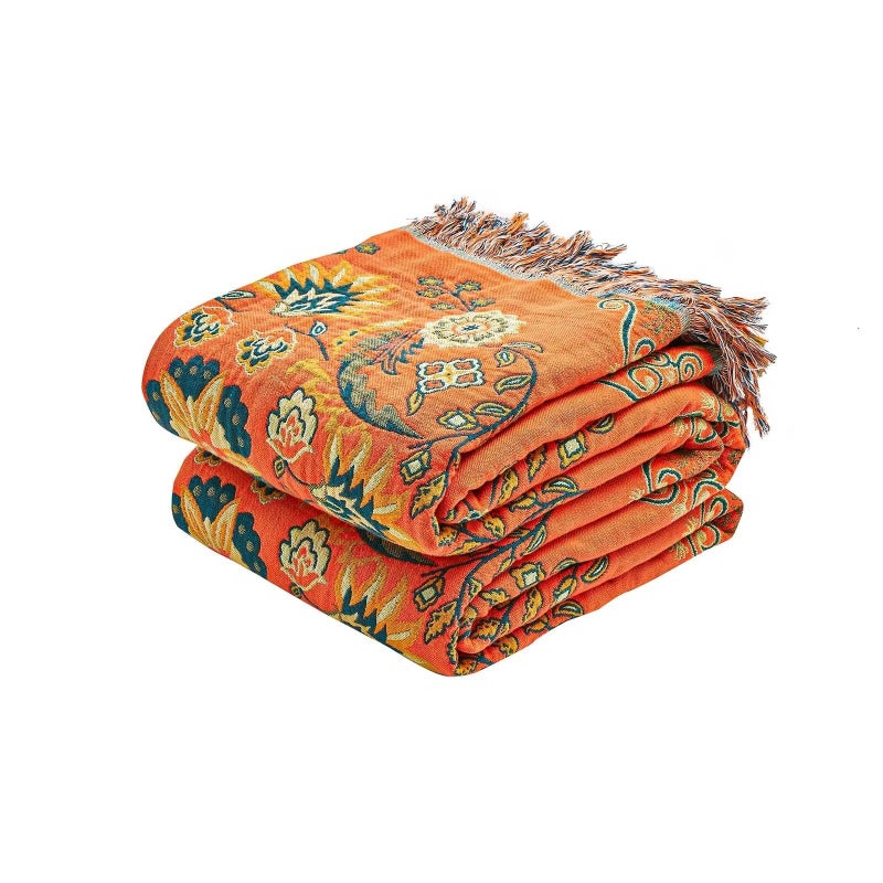 XIBLC Boho Throw Blanket 100 Cotton Ultra Soft Luxury Throw Rustic Quilt 90x98 Floral Printed Farmhouse Decor Bed Summer Blankets All Season Rustic Reversible Bohemian Throw for Bed Orange - Image 2