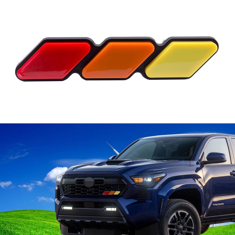 JINZHAO TriColor Front Grille Badge Emblem Universal Compatible with Toyota Tacoma Tundra 4Runner Rav4 Highlander Other Mesh or Slotted Grille Yellow Orange Red
