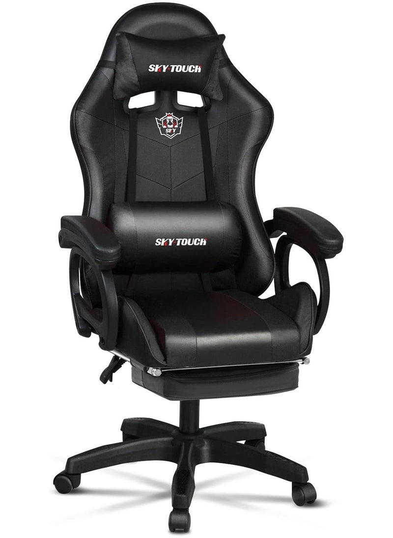 SKY-TOUCH - Gaming Chair Adjustable Computer Chair PC Office PU Leather High Back, Lumbar Support,comfortable armrest Headrest Black,With support legs - Image 1