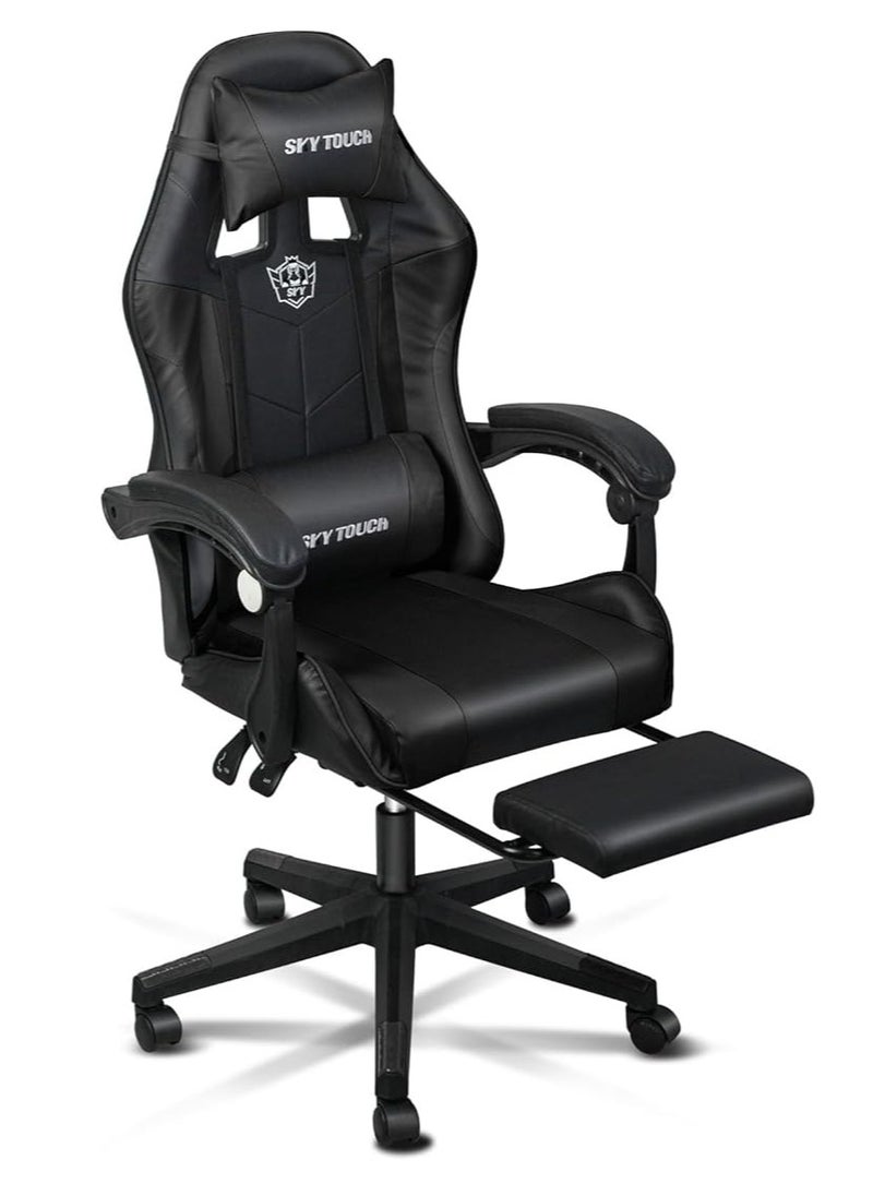SKY-TOUCH - Gaming Chair Adjustable Computer Chair PC Office PU Leather High Back, Lumbar Support,comfortable armrest Headrest Black,With support legs - Image 1