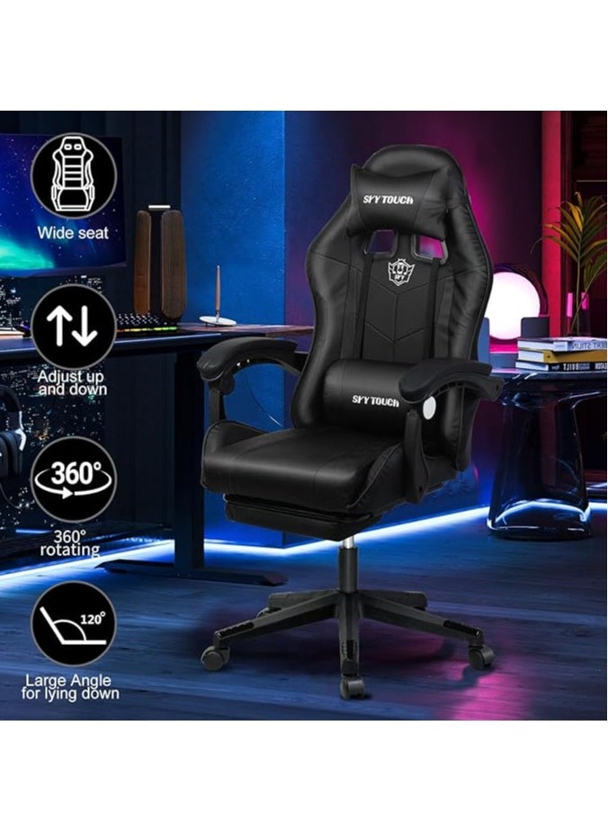 SKY-TOUCH - Gaming Chair Adjustable Computer Chair PC Office PU Leather High Back, Lumbar Support,comfortable armrest Headrest Black,With support legs - Image 1