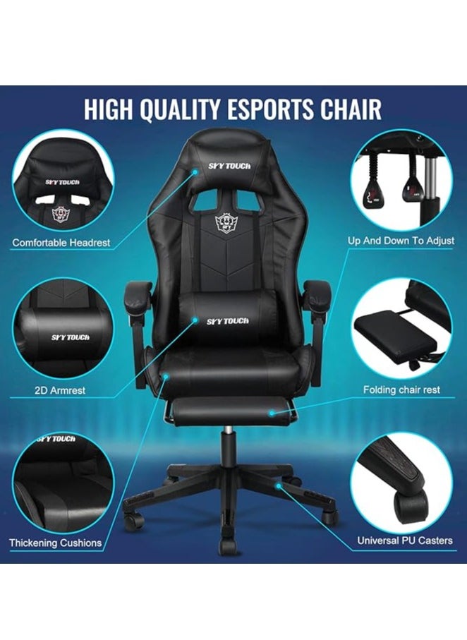 SKY-TOUCH - Gaming Chair Adjustable Computer Chair PC Office PU Leather High Back, Lumbar Support,comfortable armrest Headrest Black,With support legs - Image 1
