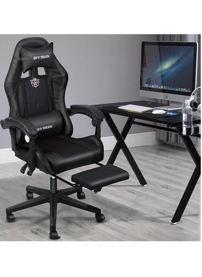 SKY-TOUCH - Gaming Chair Adjustable Computer Chair PC Office PU Leather High Back, Lumbar Support,comfortable armrest Headrest Black,With support legs - Image 1