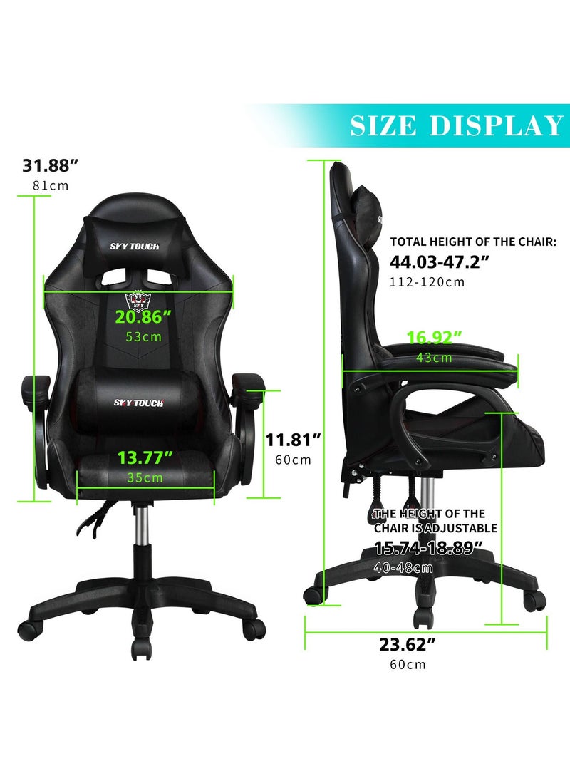 SKY-TOUCH - Gaming Chair Adjustable Computer Chair PC Office PU Leather High Back, Lumbar Support,comfortable armrest Headrest Black,With support legs - Image 1