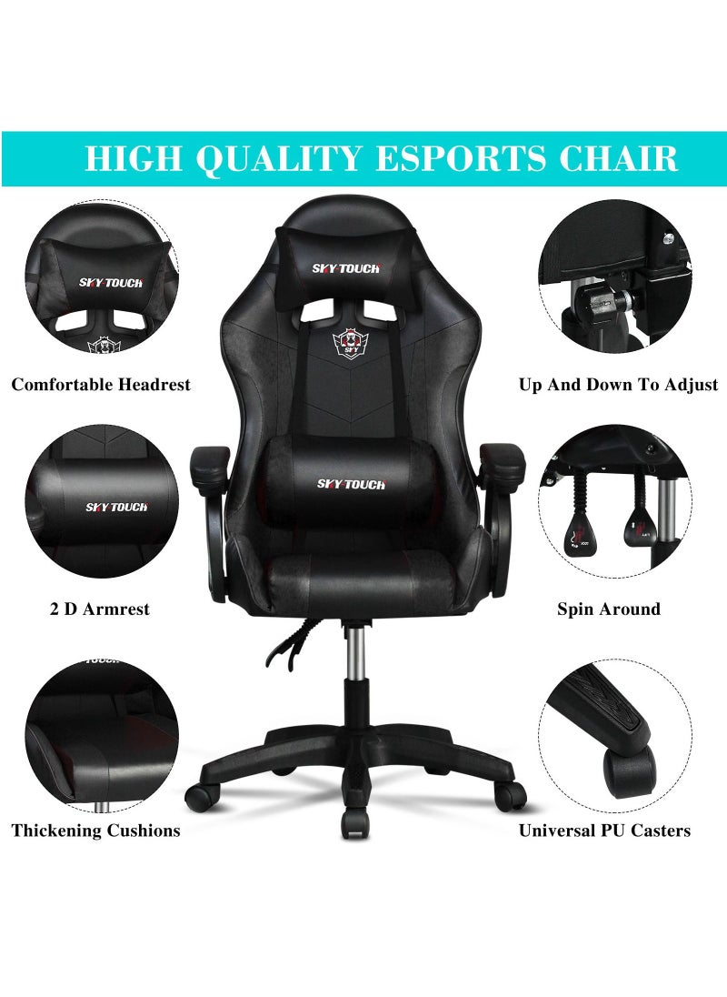 SKY-TOUCH - Gaming Chair Adjustable Computer Chair PC Office PU Leather High Back, Lumbar Support,comfortable armrest Headrest Black,With support legs - Image 1