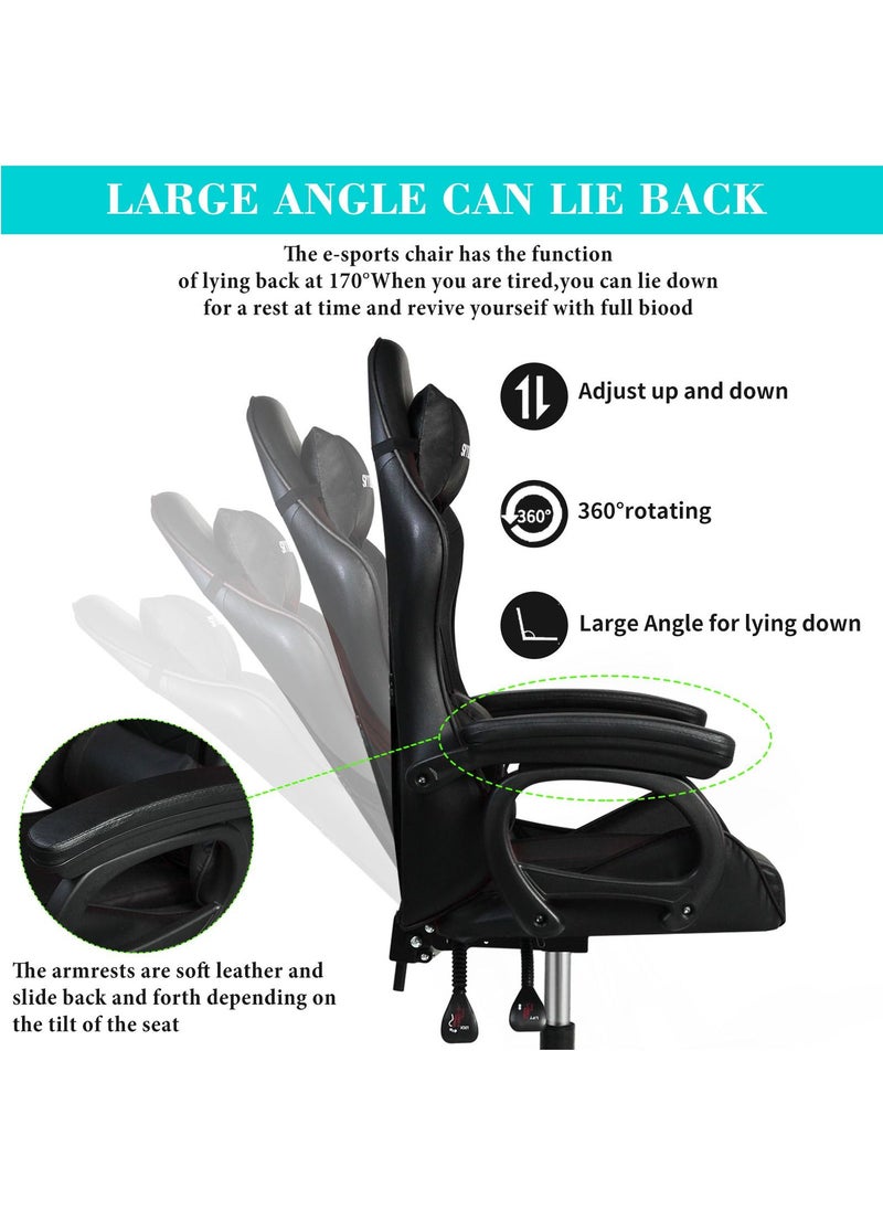 SKY-TOUCH - Gaming Chair Adjustable Computer Chair PC Office PU Leather High Back, Lumbar Support,comfortable armrest Headrest Black,With support legs - Image 1