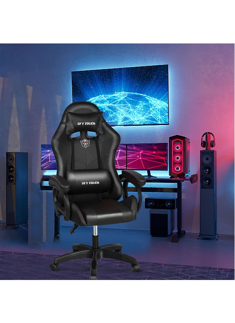 SKY-TOUCH - Gaming Chair Adjustable Computer Chair PC Office PU Leather High Back, Lumbar Support,comfortable armrest Headrest Black,With support legs - Image 1