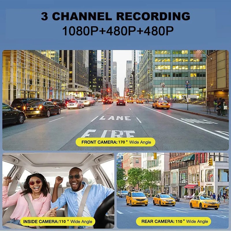 كاميرا مراقبة قيادة DVR بدقة 1080P مع ثلاث عدسات (مقدمة وداخل وخلفية) مسجل قيادة بشاشة 2 بوصة تدعم الرؤية الليلية/اكتشاف الحركة/التسجيل المتكرر - Image 2