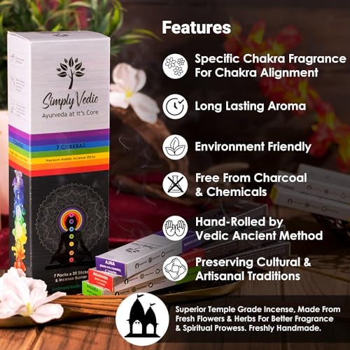 Simply Vedic 7 Chakra Incense Sticks, Aromatic Bliss for Balance & Healing| Handcrafted 140 Sticks with Pure Natural Scents to Align Energy Centers, Aromatherapy, Meditation, Yoga, Promote Relaxation - Image 4
